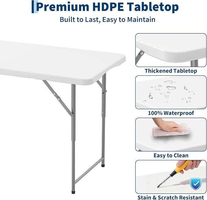 Garvee 4ft Folding Table HDPE Foldable Table with Carrying Handle 3 Adjustable Height Settings Metal Frame Support Up to 400LB Portable for Picnic Camping Party Indoor & Outdoor Use, 1 Pack White