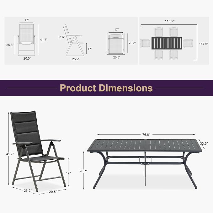 PURPLE LEAF 7 Pieces Outdoor Dining Set Folding Patio Dining Set with Aluminum Rectangular Table and Padded Chairs All Weather Dining Table Sets for Garden Backyard Poolside, Black