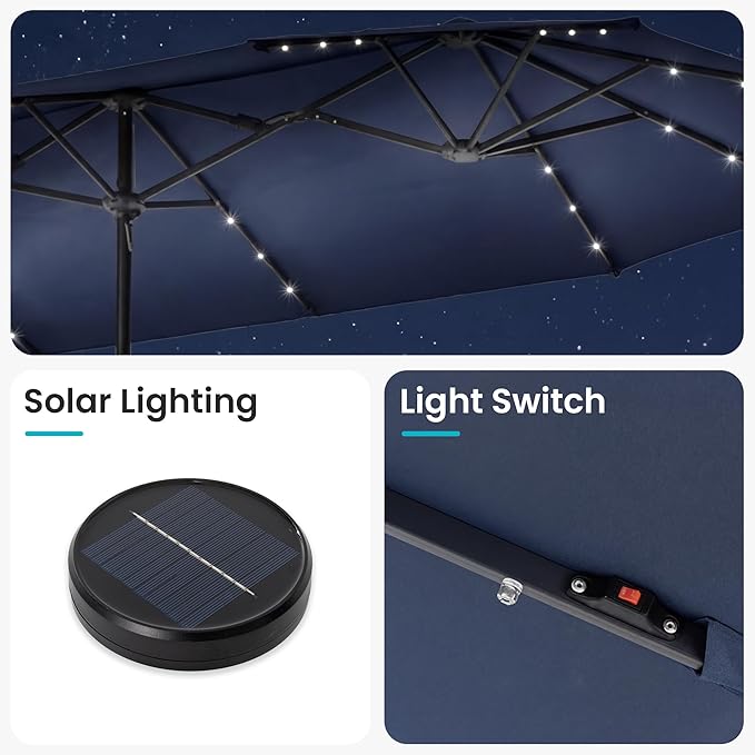 COSIEST 13FT Patio Umbrella with Solar Lights, Outdoor Double-Sided Table Umbrella,Large Rectangular Market Umbrella w Crank Handle for Garden, Pool, Deck Shade, Navy Blue