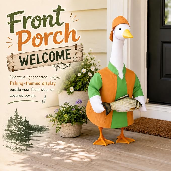 23" Porch Goose Outfits for Garden Yard Decor | Porch Goose Fisherman Outfit, Goose Clothes for Cement Duck for Summer Patio Party Decoration