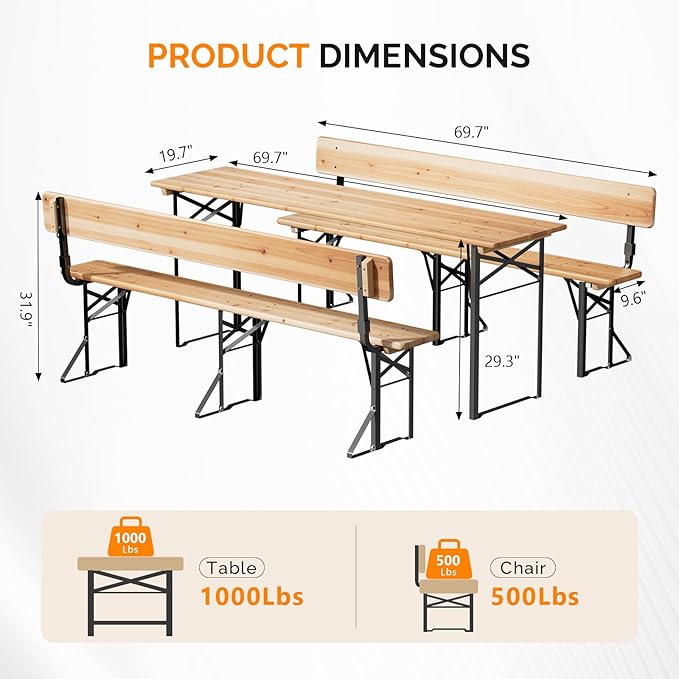 VINGLI 70 Inch Folding Picnic Tables and Chair Set with Backrest Bench, Weather-Resistant Wooden Beer Garden Table Bench, 3-Piece Portable Fold Up Camping BBQ Table,Natural Wood Color