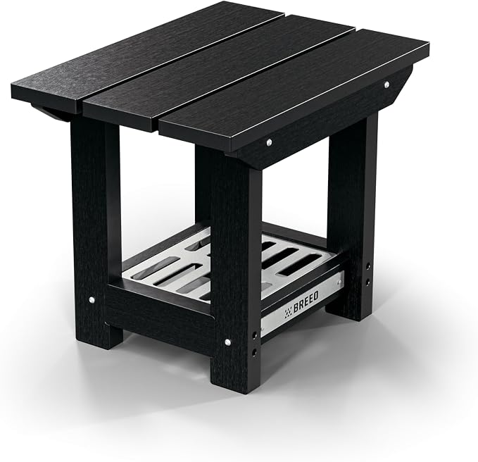 Breeo X Series Outdoor Side Table - Poly Lumber and Stainless Steel Firewood Holder - Durable, Simple Modern Accent Table for Patio - Made in the USA - Black