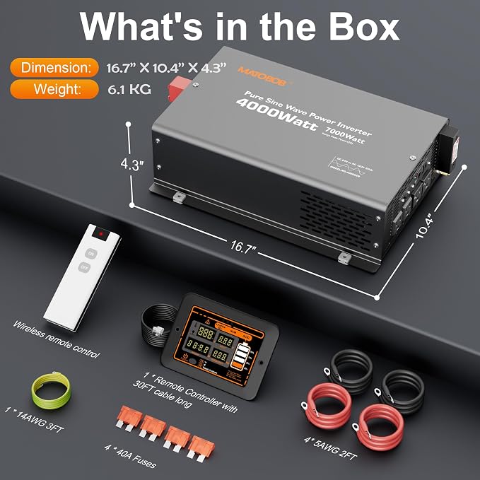 Pure Sine Wave Inverter 4000 Watt,24V DC to 120V AC Inverters,Surge 7000 Watt for RV,Truck,Solar,Home,Power Inverter with Dual Remote Control,35A Hardwire Port,4 AC Outlets, 36W USB-C, 5V 3.6A USB