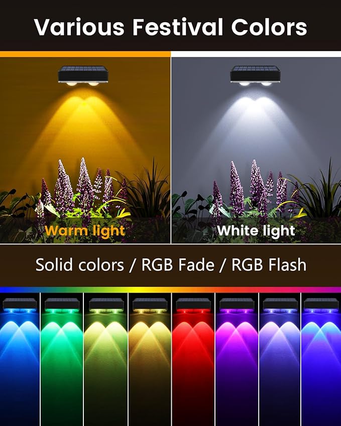 JOFIOS Solar Fence Lights Outdoor Waterproof, 80 Lumens Solar Lights for Fence with Warm White & RGB 8 Colors,Outdoor Solar Light for Deck, Patio, Backyard, Fence, Railing (8-Pack-Black)
