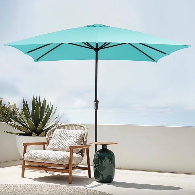 JEAREY 8x10 ft Rectangular Patio Umbrellas Outdoor Table Market Umbrella w/Crank, 8 Sturdy Ribs, UV Protection Windproof Sunproof for Garden, Deck, Backyard, Pool(Teal Blue)