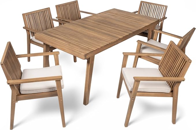 Merax 7 Piece Patio Furniture Set, Acacia Wood Outdoor Dining Set with 1 Table & 6 Heavy-Duty Cushioned Chairs for Porch, Backyard, Garden, Poolside, Indoors, Easy Assembly, Brown