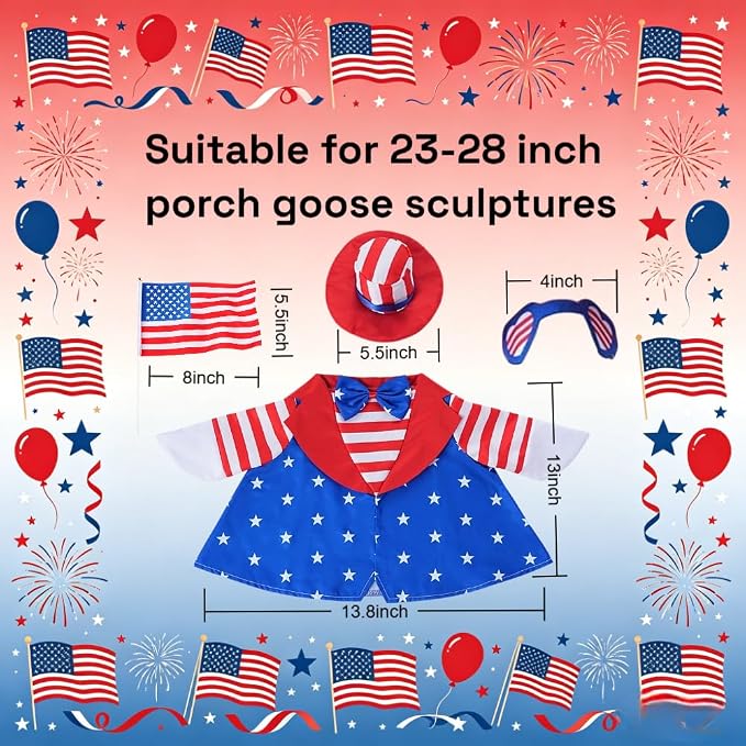 Uncle Sam Porch Goose Outfit for 23" Cement Goose, 4 Pcs 4th of July Patriotic Goose Clothes with Tall Hat, Eye mask,Flag, Patriotic Lawn Yard Decor for Independence Day