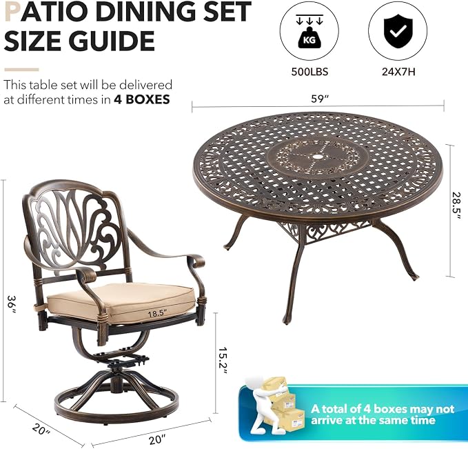 Outdoor Dining Set Cast Aluminum Retro Patio Dining Set with Thicker Cushion and Umbrella Hole for Patio Deck (Bronze Swivel Chair(Elizabeth), 7 Pcs(54" Round Table))