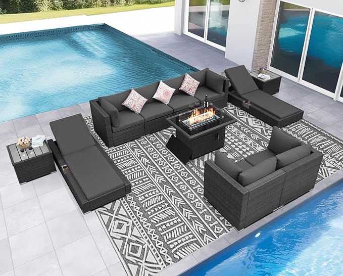 NICESOUL 11 Piece Sectional Patio Set with Loungers, Modern Backyard Seating with Firepit, Comfy 29.3'' High-Back Deep Outdoor Couch Sofa, Heavy Duty All-Weather Wicker Furniture for Deck, Dark Grey