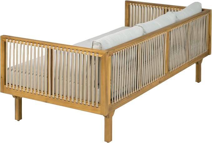 Merax Acacia Wood Outdoor Patio Loveseat Sofa w/Coushion and & Light Brown Rope, 3-Seater Sofa Daybed for Backyard, Lawn, Deck, Balcony, Water Repellent Fabric, 600 lbs Capacity,Teak +Light Gray