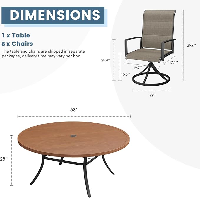 DIFY 9 Piece Outdoor Patio Dining Set for 8, 63" Walnut Round Metal Dining Table and Swivel Patio Chairs with Brown Padded Textilene, All-Weather Outdoor Furniture Set for Garden Backyard Porch