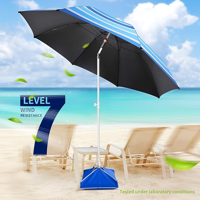 Fisqueen 8FT Large Beach Umbrella with Level 7 Wind Resistance, Sand Anchor, Portable Outdoor Umbrella with UPF50+ UV Protection, Tilt Sun Shelter for Beach, Patio, Yard