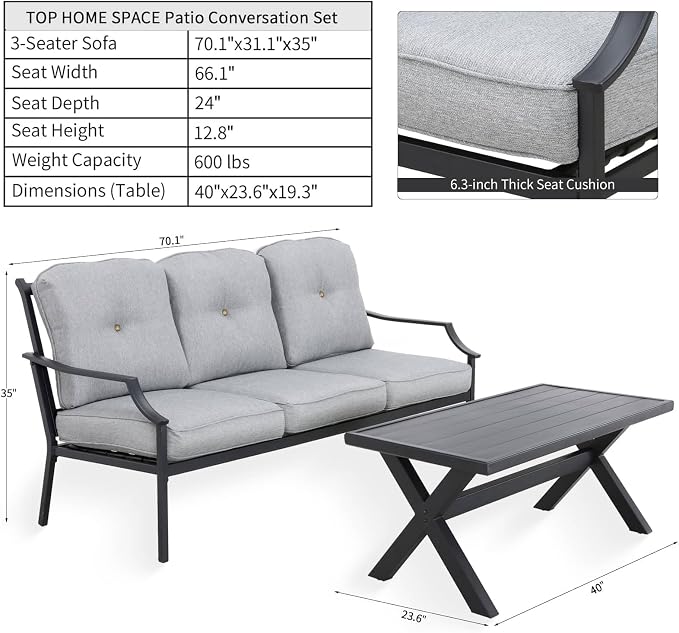 Patio Conversation Set Metal Outdoor Furniture Sets 3-Seater Sofa with Metal Coffee Table Thick Cushions (Grey)