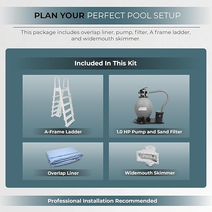 Blue Wave San Pedro 15x30-ft Oval 52-in Deep Hard Sided Steel Wall Above Ground Pool with 6-in Steel Top Seats, Dual-Speed Sand Filter System, Ladder, Skimmer & Liner – 9,900 Gallon Cap for Family Use