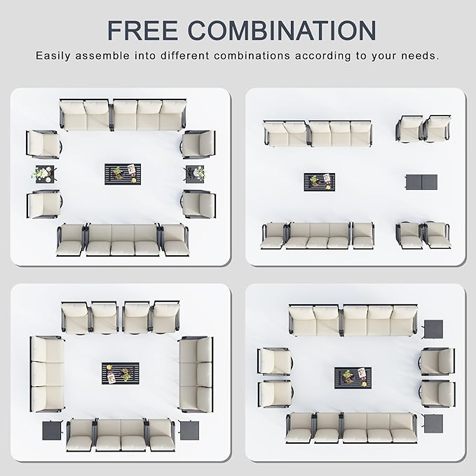 12 Pieces Patio Furniture Set, Metal Outdoor Conversation Sets with Swivel Chairs, Modern Couch Sofa Seating Group with Coffee Table and Side Table (Thick Beige Cushions)