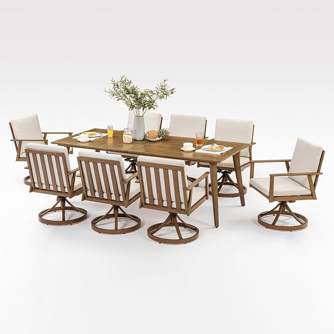 9 Pieces Outdoor Dining Set, Never-Rust Aluminum Patio Swivel Dining Set with Removable Cushions, Outdoor Patio Dining Table Set with 8 Swivel Chairs and Table for Deck Backyard Poolside, Teak