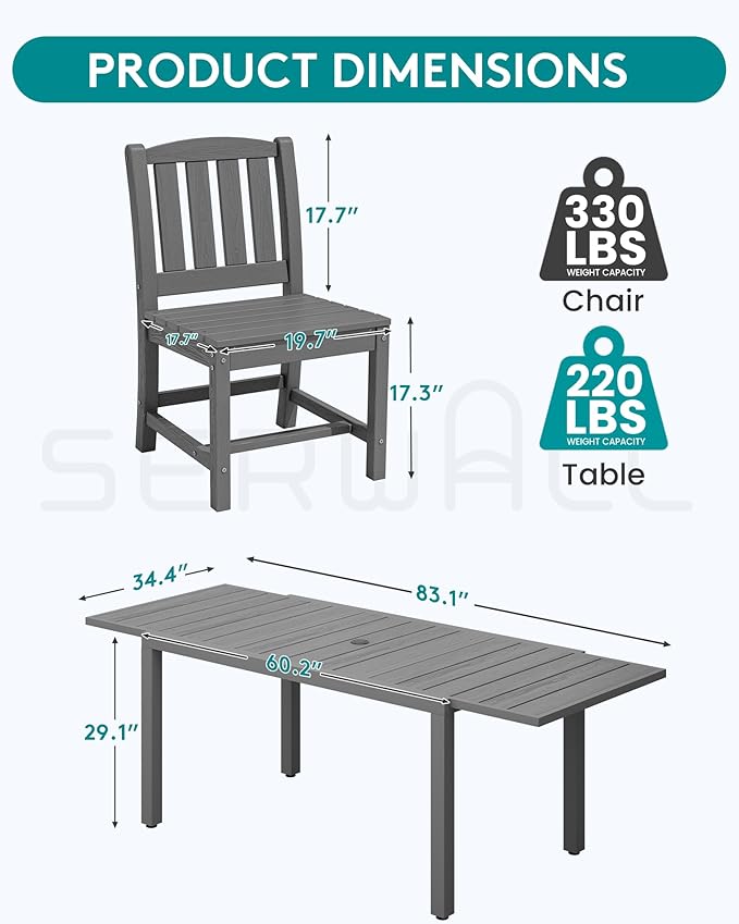 SERWALL Outdoor Dining Chairs Set of 4, All-Weather HDPE Patio Armless Chairs, Grey