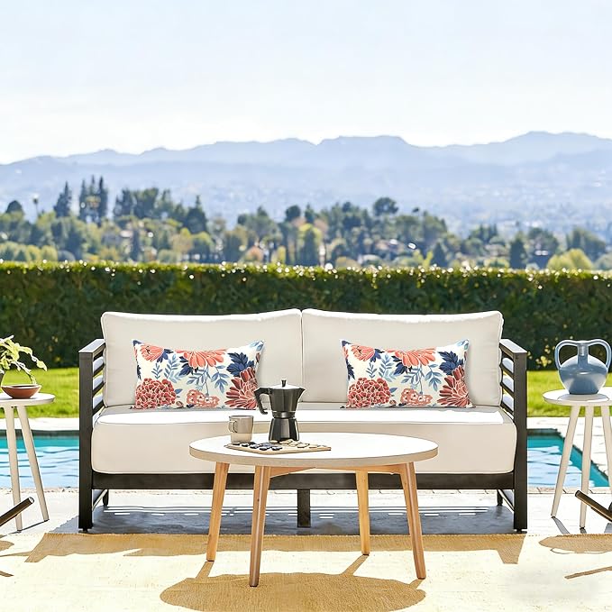 LVTXIII Outdoor/Indoor Lumbar Pillows, Decorative Patio Lumbar Cushions, Fluffy Fade Resistant Throw Pillow Cushions for Home Patio Coach Sofa, 12×20 Inch, Pack of 2, Red Chrysanthemum