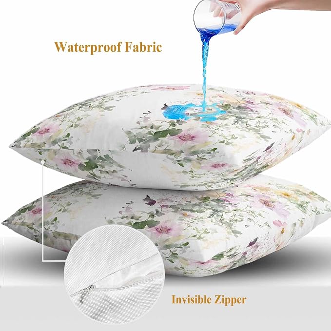 Watercolor Flowers Outdoor Waterproof Throw Pillow Covers Set of 2, 26"x26", Spring Retro Floral Purple Green Yellow Decorative Pillow Covers Outside Cushion Case for Patio Porch Garden