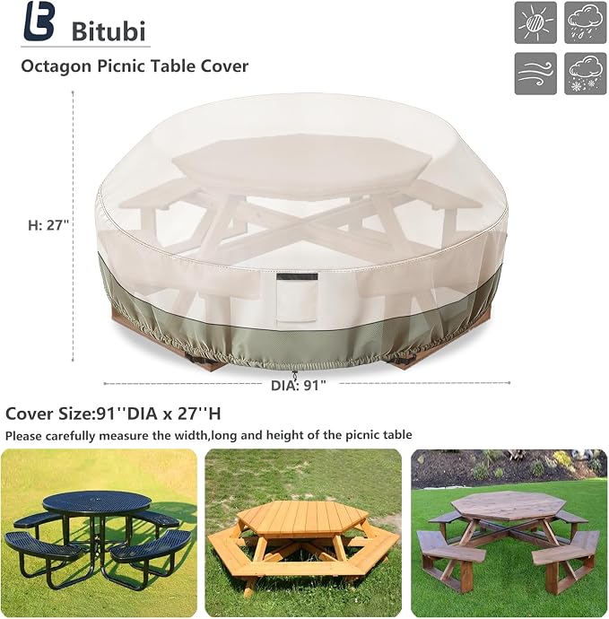 Bitubi Heavy Duty Waterproof Octagon Picnic Table Cover for 6/8-Person Outdoor Bench Patio Round Picnic Table, Beige