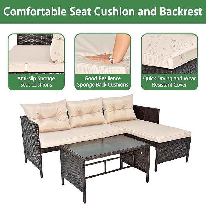 3 Piece Outdoor Patio Furniture Set, Rattan Wicker Sofa Set, Outdoor Furniture Chair Set with Tea Table, Sofa Set, Outdoor Furniture Rattan Patio Conversation Set with Coffee Table