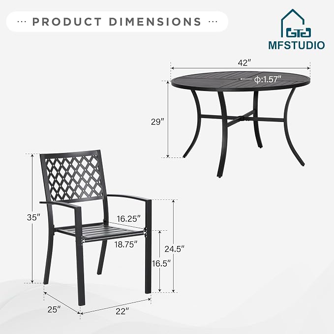 MFSTUDIO Round Outdoor Table and Chairs Set for 4 | Durable metal frame.Includes 4 chairs&patio table w/ umbrella hole.Perfect for deck,yard or patio.