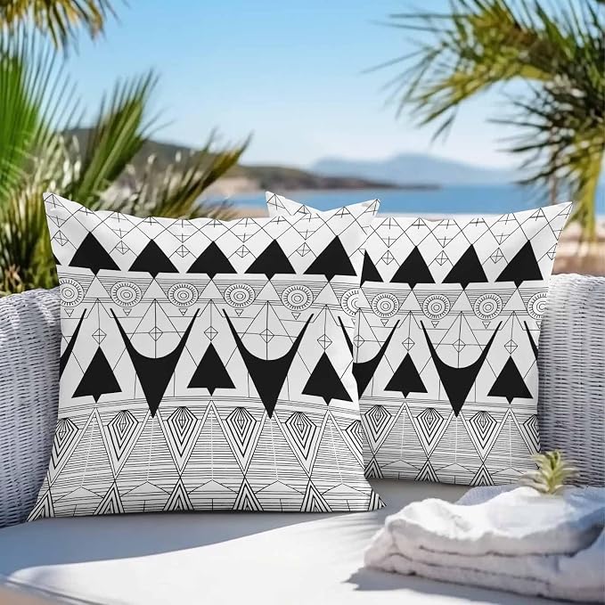 Throw Pillow Covers 16x16 Inch Set of 2, Black White Geometric Waterproof Outdoor Pillow Covers, Vintage Art Striped Decorative Cushion Pillowcases for Couch, Sofa, Bed, Garden, Patio