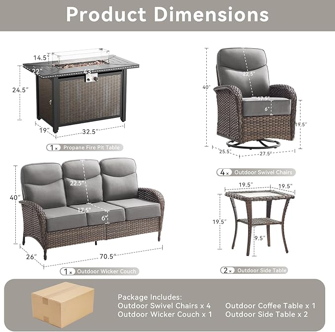 8 Pieces Luxury Patio Furniture Set with 42.5" Fire Pit Table, 6-Inch Thick Cushions Wicker Outdoor Furniture with Outdoor Rocking Chairs Set of 4, Outdoor Patio Conversation Set for Garden, Gray