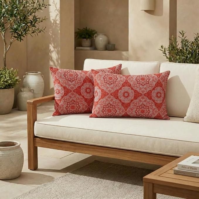 RSH DECOR: Designer Select Outdura Lumbar Throw Pillows Set of 2 | 20" x 12" | Water and Fade-Resistant Performance Fabric | Indoor Outdoor Accent Pillows | Made in USA (Ayorline Flamin)