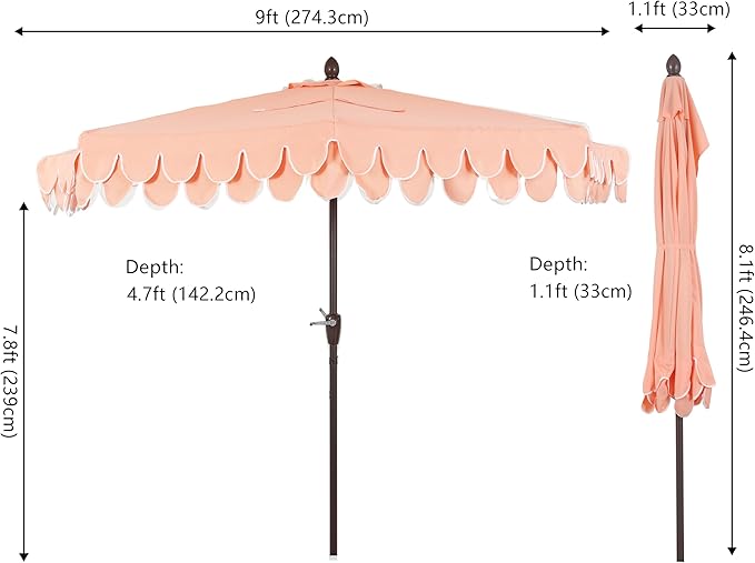 Eyely BMU1202 Noah 9 ft. Classic MidCentury Scalloped Fringe Market Patio Half Umbrella with Crank for Garden, Pool & Deck, Tilt Button and UV Protection