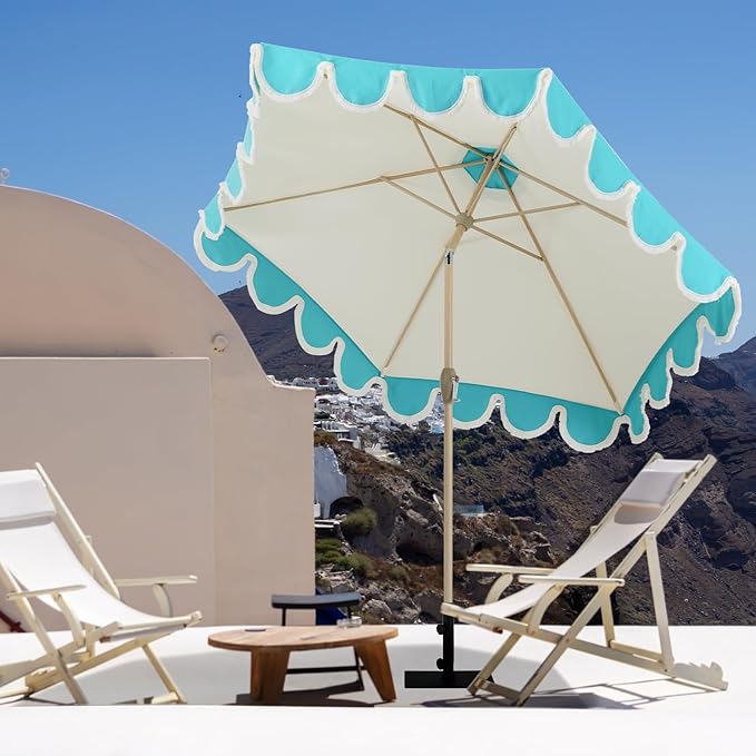 Tempera 9ft Scalloped Beige Spliced Blue Patio Umbrellas with Fringe, Market Umbrellas with Water-Resistant and Fade Resistant Canopy, 1.5" Wood Pole & Button Tilt