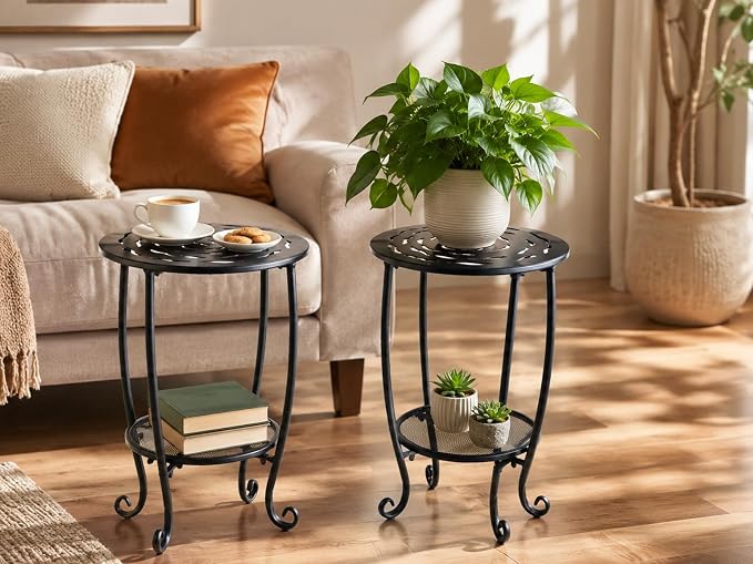 Metal Round Side Table Set of Two Black Accent Coffee Tables Small Space Corner Plant Stand Shelf for Indoor Outdoor Porch Patio Balcony Living Room End Table with Storage