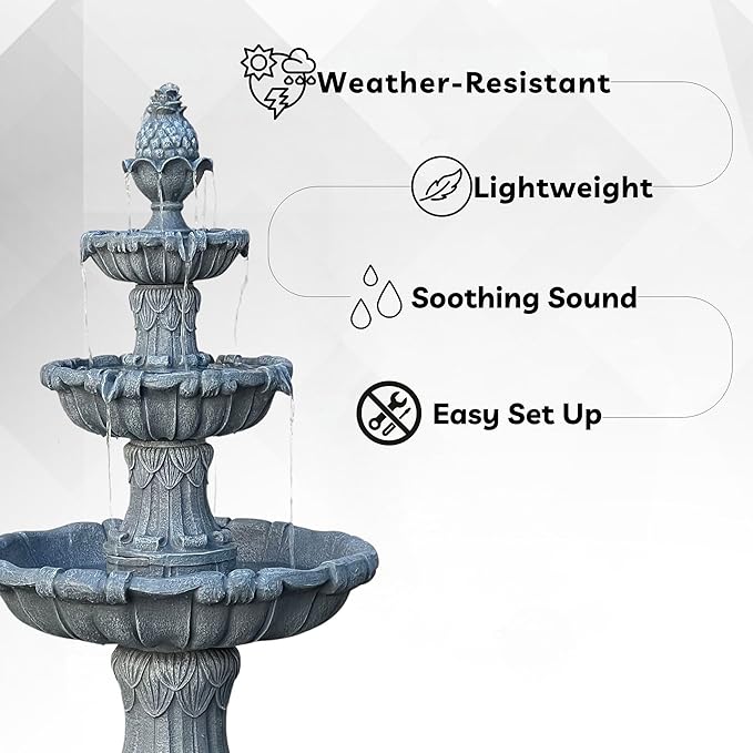XBrand 58.3" 3-Tier Outdoor Freestanding Water Fountain - Classic Leaf Design, White Resin, Large Bird Bath with Pump - Ideal for Yard, Lawn and Garden, Porch Décor