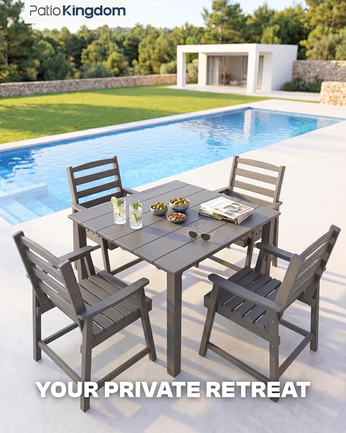 HDPE Outdoor Dining Set for 4, Armchairs, Grey | All-Weather HDPE, Wood Grain Finish, 42.5" Square Table, Built-In Umbrella Hole, Seats 4, Patio & Poolside Ready