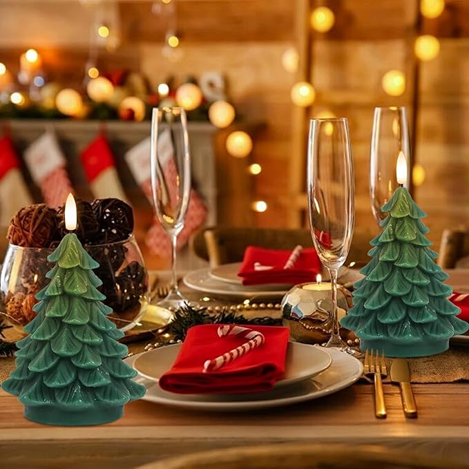 Wondise Christmas Tree Flameless Candles Timer, 2 Packs Green Real Wax Battery Operated 3D Wick LED Flickering Candles Realistic Christmas Tree for Christmas Holiday Indoor Dinner Decor(2.76" x 5.9")