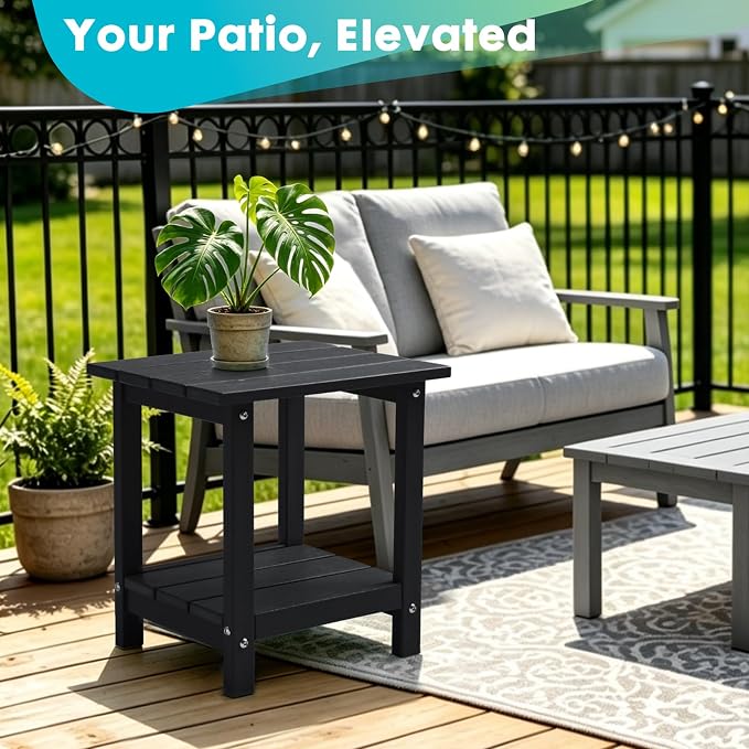 Outdoor 2-Tier Square Side Table, Adirondack Weather Resistant Patio End Table, Low Maintenance HDPE Accent Table for Backyard, Pool, Porch, Deck, Black