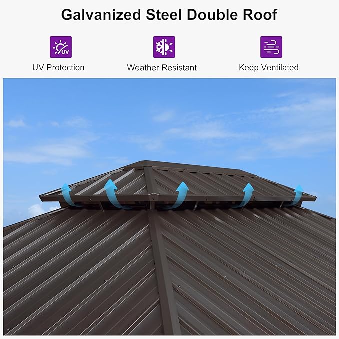 PURPLE LEAF 12’ X 16' Hardtop Gazebo Outdoor Metal Frame Galvanized Steel Double Roof with Curtains and Nettings for Patio Desk Backyard Bronze