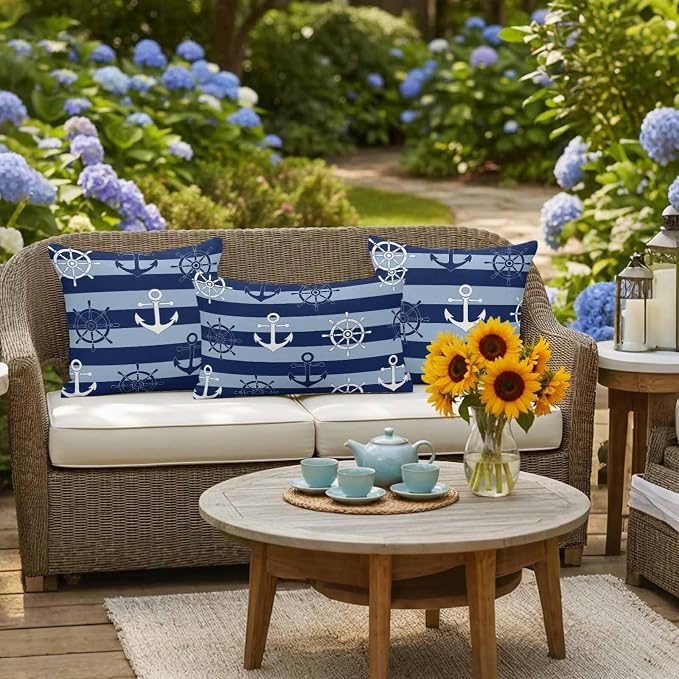 Nautical Ship Anchors Waterproof Outdoor Pillow Covers Set of 2 Home Decor, Navy Blue Horizontal Stripes Pillowcase Patio Pillow Covers for Couch Bench Patio Furniture Garden 16x16in