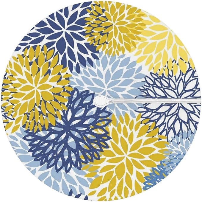 Fitted Round Tablecloth with Umbrella Hole and Zipper Spring Floral Outdoor Elastic Table Cloth 45"-56" Oil-Proof Waterproof Yellow Navy Chrysanthemum Patio Table Cover for Picnic Party