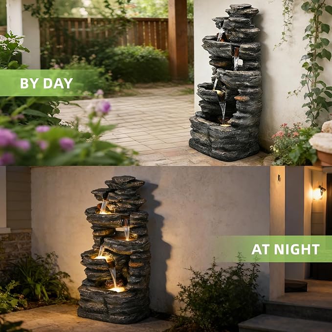 39" Outdoor 4-Tier Cascading Rock Floor Fountain - Low Maintenance, with LED Lights & Pump, Serene Aerating Water Feature for Patio/Deck