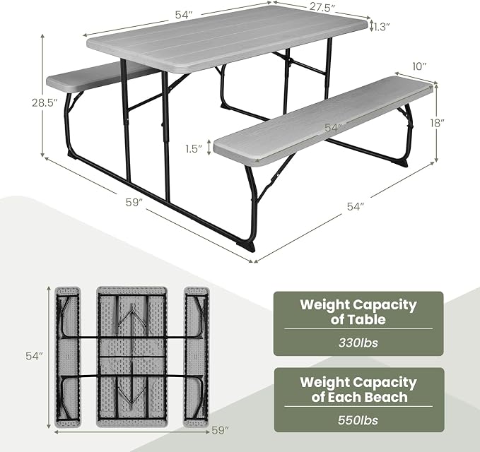 LDAILY Moccha Folding Picnic Table - Portable Picnic Table with Benches, HDPE Tabletop, Metal Frame, Foldable Camping Table, Outdoor Dining Table Set for Garden Party BBQ Patio Table Bench Set (Grey)