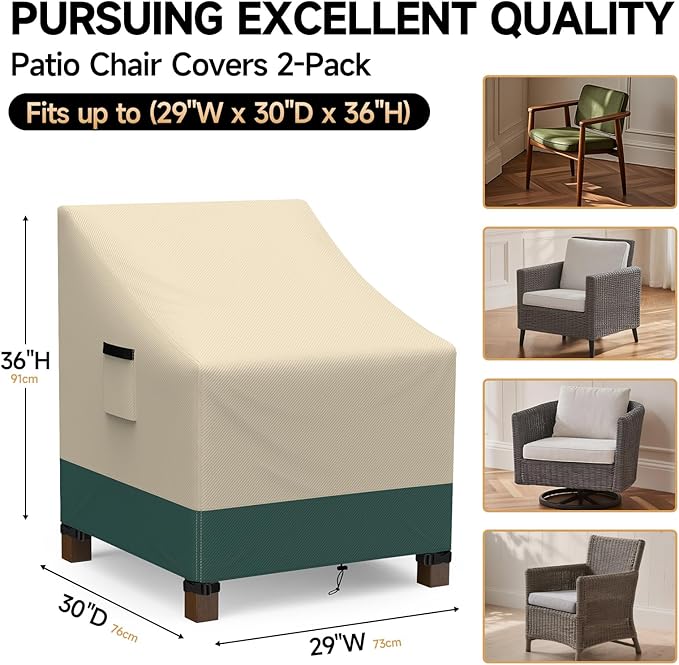 Patio Chair Covers Waterproof 2 Pack - Outdoor Furniture Covers with Waterproof Strip and Air Vent - Heavy Duty Lawn Lounge Chair Cover (Beige&Green, 29" Wx 30" Dx 36" H)