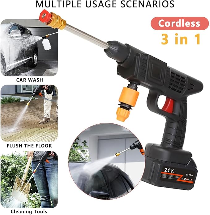 Cordless Pressure Washer, 21V, 2 Batteries, Charger, Hose, Accessories Included, 15000 r/min, Portable Power Washer (Green Water Gun - Toolbox - Powerful Battery*2)
