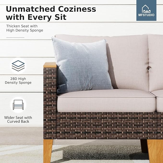 MFSTUDIO 9 Piece Wicker Patio Furniture Sets with Fire Pit Table, 4 x Swivel Chair, 2 x Ottoman, 2 x Corner Sofa, All-Weather PE Rattan Patio Conversation Set Outdoor Sectional Sofas(Beige Cushions)