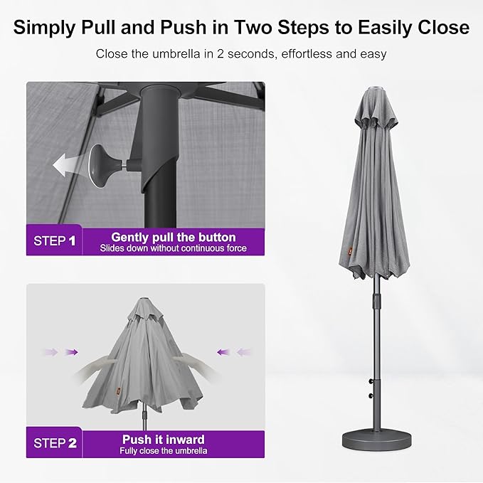 PURPLE LEAF 10 FT Semi-Auto Outdoor Patio Umbrella with Base Market Table Sun Umbrellas with 8 Aluminum Sturdy Ribs for Backyard Deck Garden Pool (Gray Pole Gray Canopy)