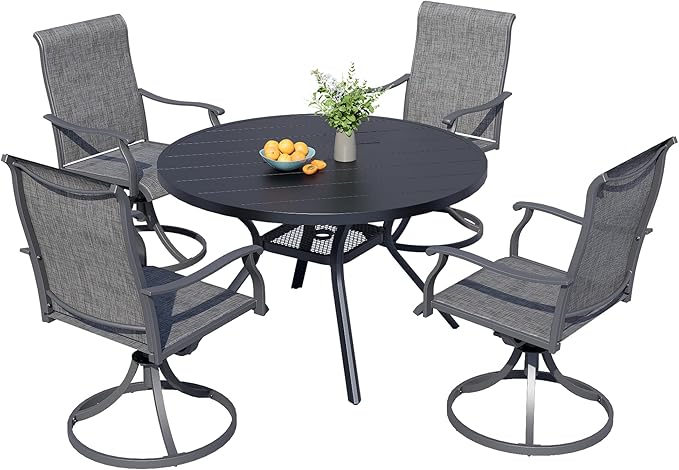 MEOOEM 5-Piece Patio Dining Set for 4, Outdoor Round Tables and Swivel Chairs Set of 4, All Weather Heavy Duty Outdoor Patio Table and Chairs Swivel for Outside, Deck, Garden, Backyard,Grey