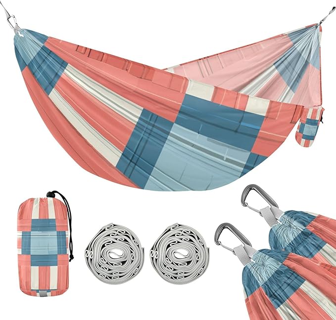Light Red and Blue Checkered Pattern 330lb Capacity Camping Hammock with Portabl Carry Bag Tree Hammock for Outside Patio Backyard Poolside Silla hamacas para adultos