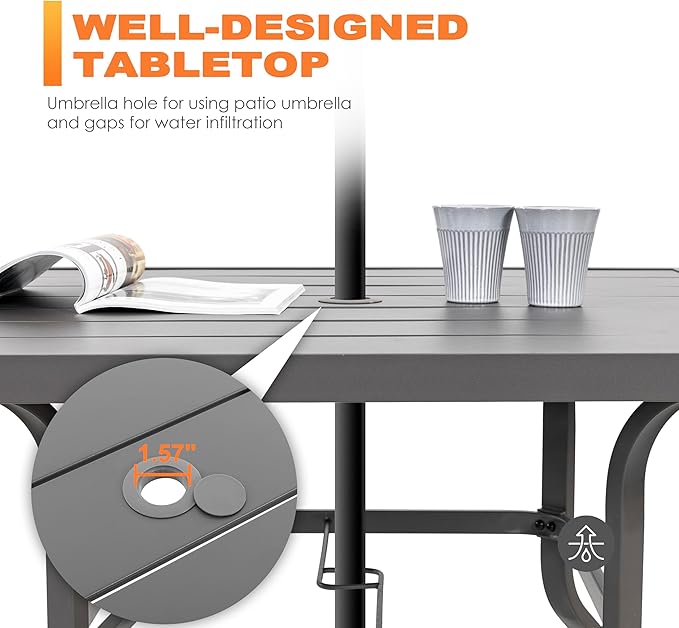 NUU GARDEN Outdoor Patio Dining Set 5 Piece Furniture Set Including Square Outdoor Dining Table with 1.57" Umbrella Hole and 4 Gray Textilene Chairs for Garden, Patio and Poolside Backyards