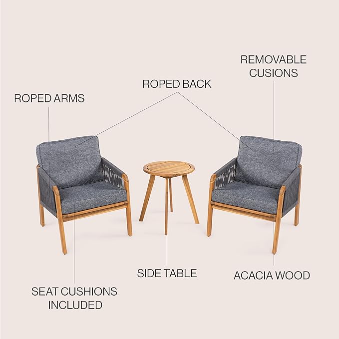 JONATHAN Y LVG1203B-3SET Aveiro 3-Piece Modern Bohemian Roped Acacia Wood Conversation Outdoor Patio Set with Cushions, Coastal, Contemporary, Transitional, Rustic, Cottage Gray/Teak Brown