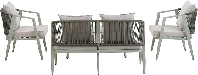 Outdoor Conversation Set with Iron Table, 4-Piece Patio Furniture Sofa Set with Two Single Chairs and Double Chair, Comfortable Outdoor Seating Set, Suitable for Patios, Lawns, Poolsides (Green/454)